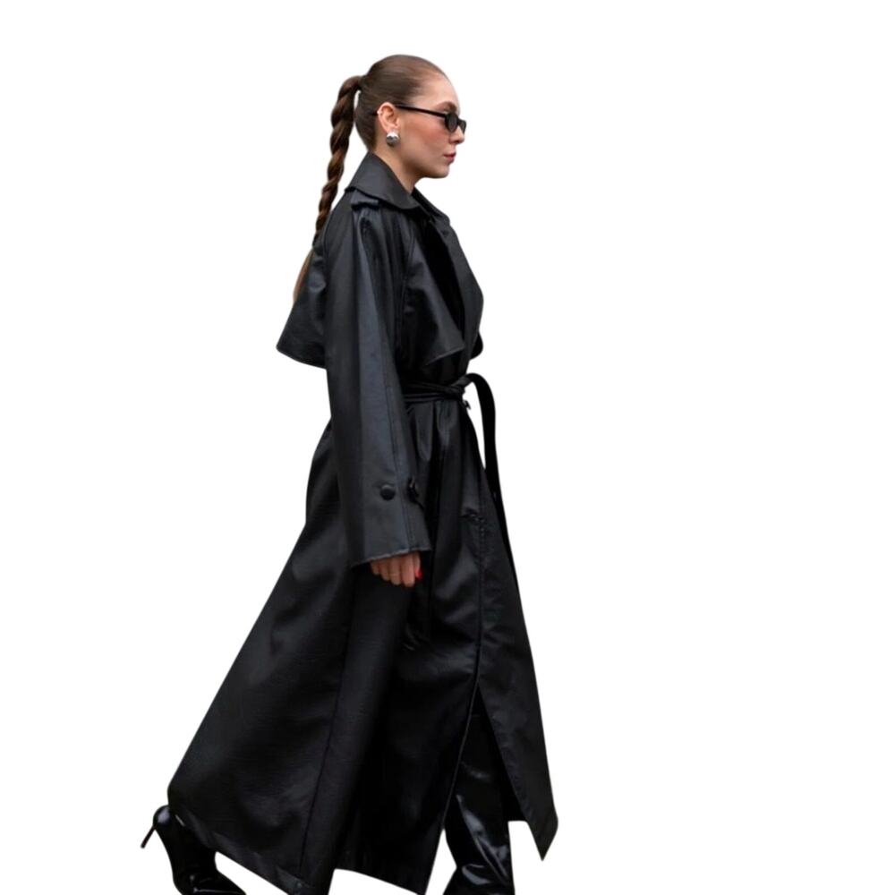 Black Trench Coat Faux Leather - Picture 3 of 12